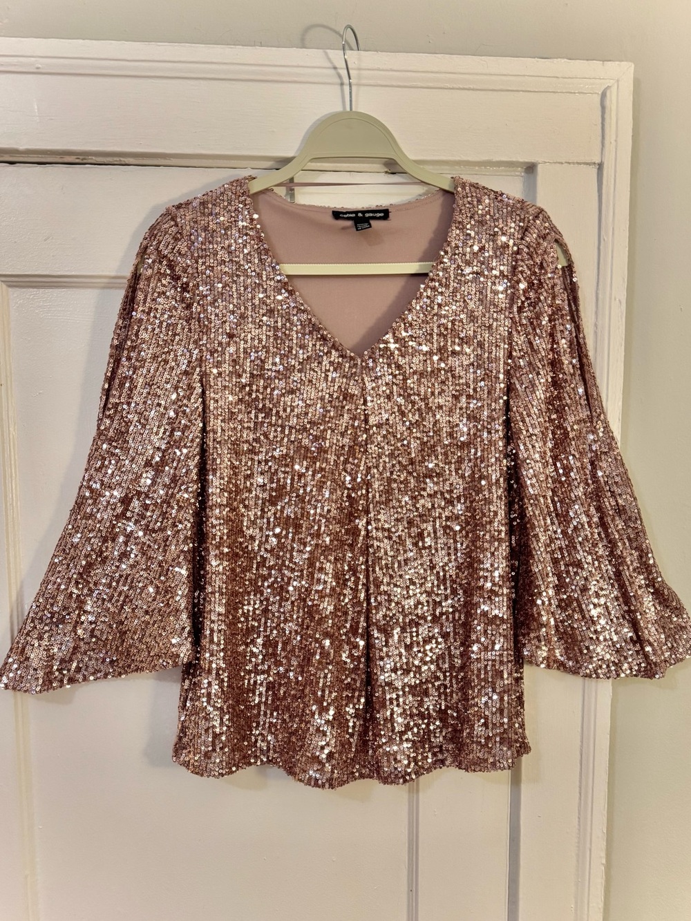 Cable & Gauge Rose Gold Sequin Bell Sleeve Open Shoulder Top